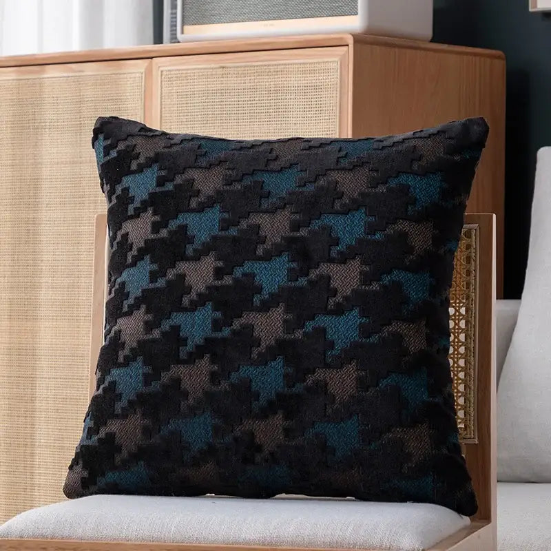 Square pillow cover with textured multicolor black teal blue and muted brown decorbites houndstooth luxury pattern