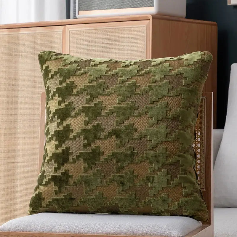Multi-color houndstooth luxury pillow cover in olive green and brown suede with embossed geometric decorbites houndstooth luxury design