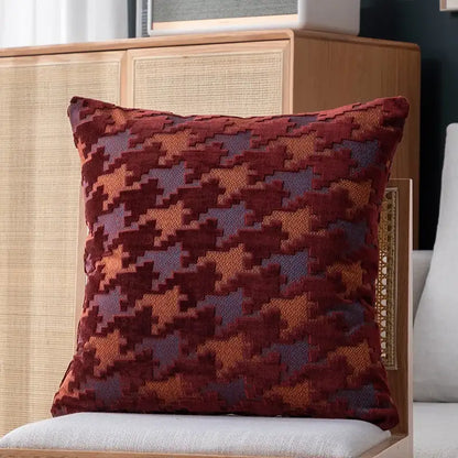 Multi-color houndstooth luxury pillow cover with rich textured deep red rust orange and muted purple decorbites houndstooth luxury design