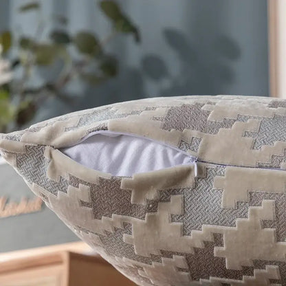 Beige and gray velvet pillow cover with geometric pattern and zipper interior for decorbites houndstooth luxury pillow decor