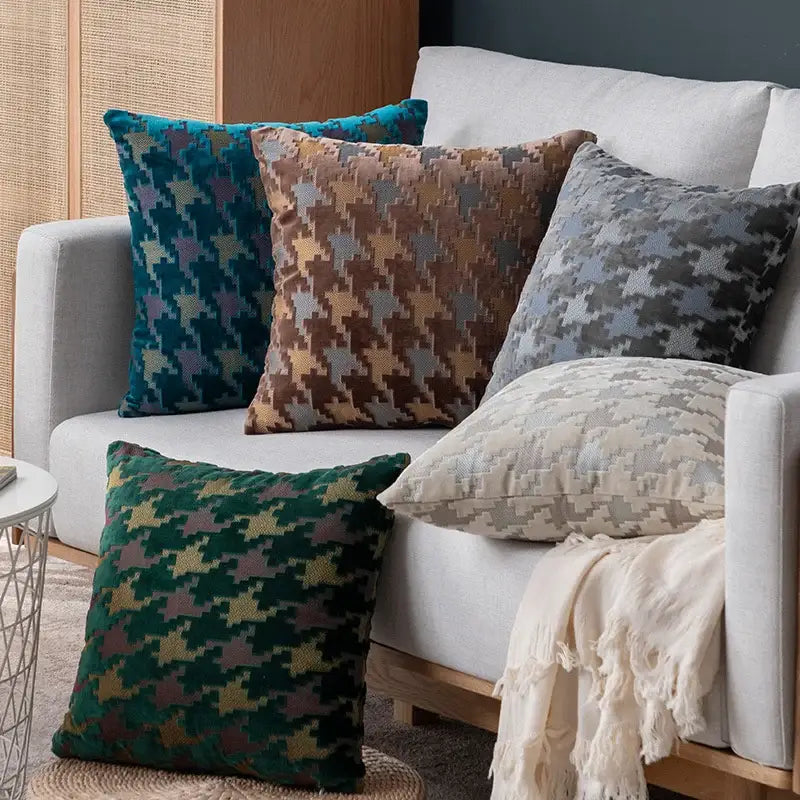 Multi-color houndstooth luxury pillow covers in teal brown gray and green with textured fabric for living room decorbites pillow cover