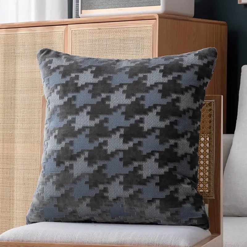A soft velvet pillow cover with a gray and black houndstooth luxury pillow pattern for living room decorbites decor