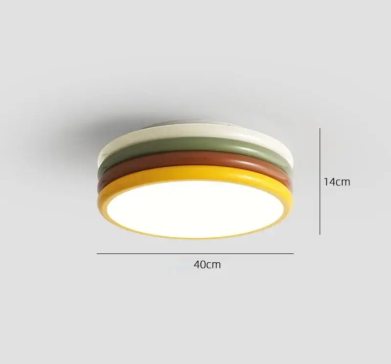 Multi color stack ceiling lamp with concentric cream, olive green, brown, and yellow plastic rings for bedroom decorbites color stack lighting
