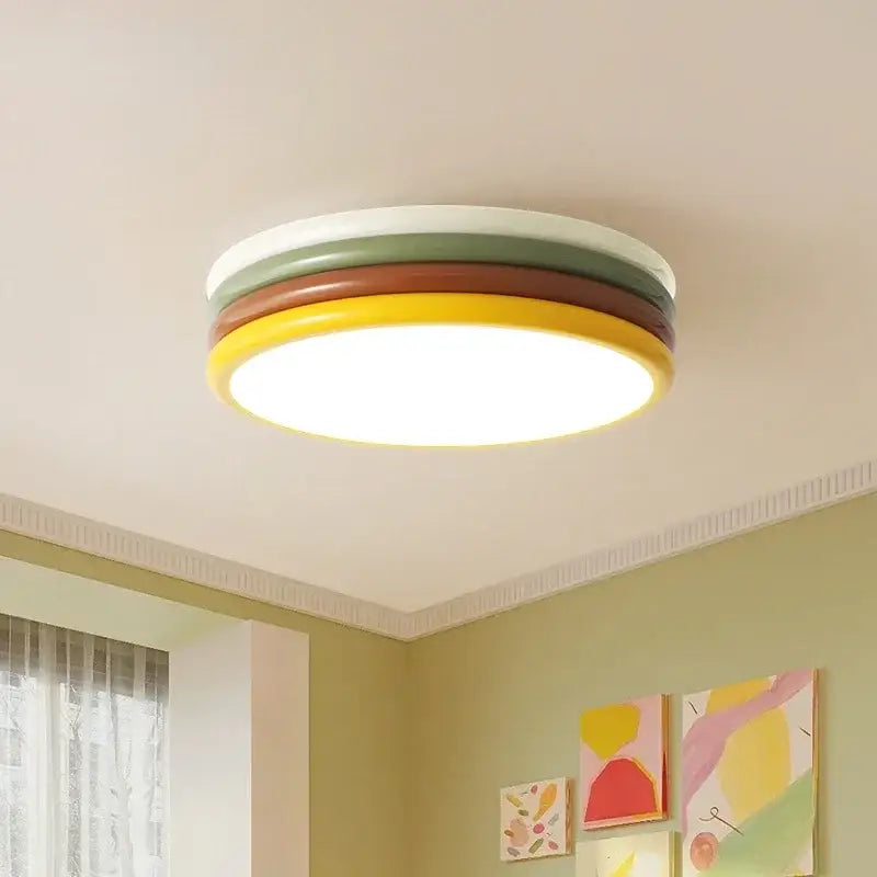 Multi color stack ceiling lamp featuring concentric rings of white olive green brown and yellow by decorbites color stack ceiling