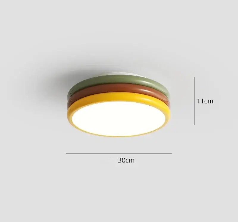 Rounded ceiling lamp with concentric olive green brown and yellow rings ideal for bedroom decorbites color stack lighting
