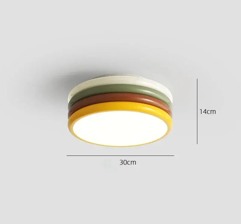 Multi color stack ceiling lamp with rounded cream, olive green, terracotta, and mustard yellow rings by decorbites