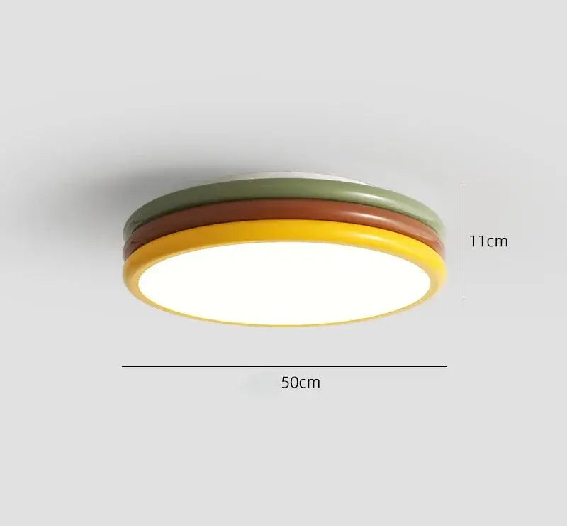 Multi color stack ceiling lamp with olive green brown yellow plastic trim and bright white LED panel for bedroom decorbites color stack ceiling