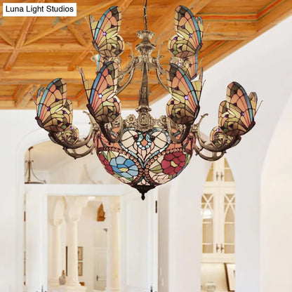 Multi-Colored Tiffany Butterfly Chandelier for Living Room