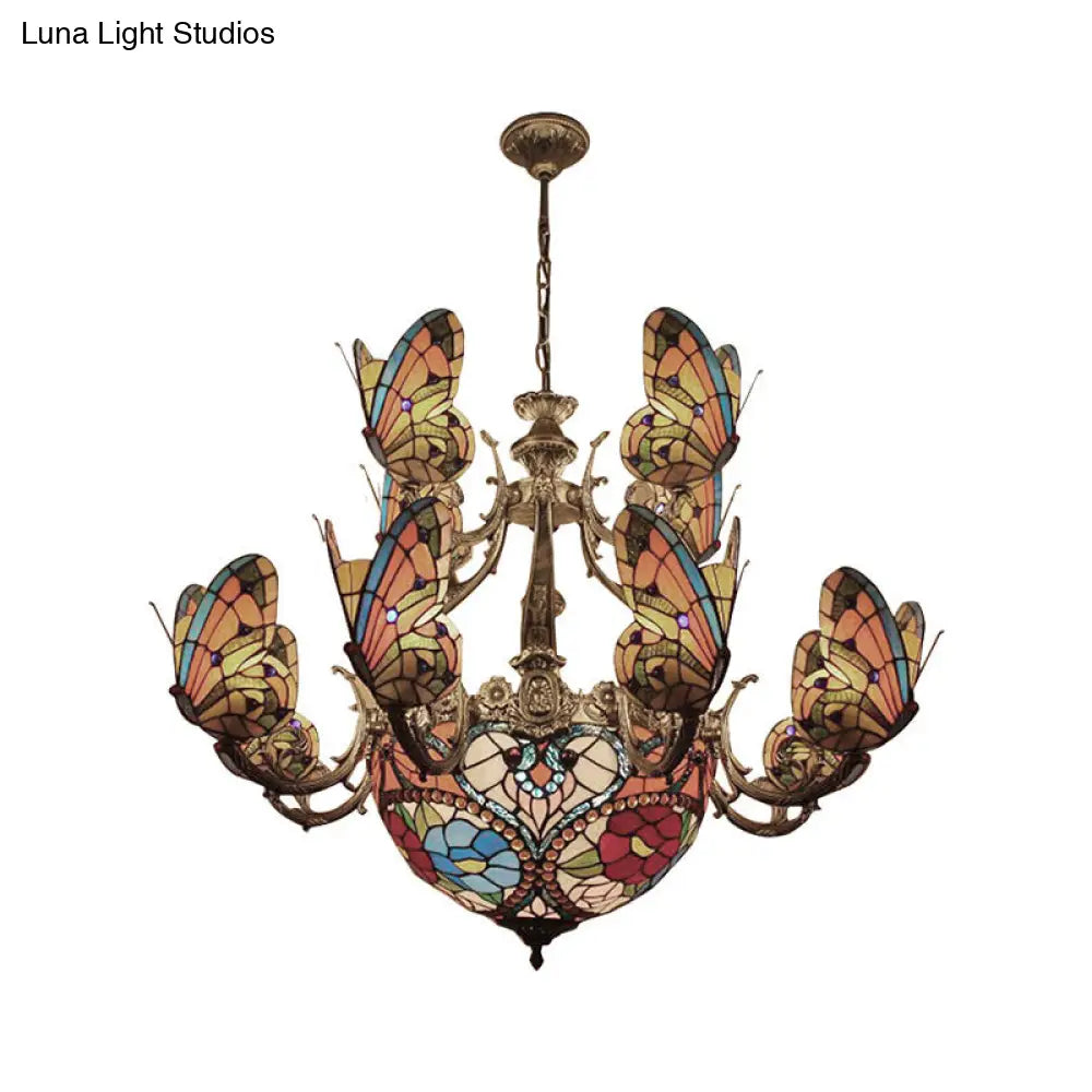 Multi-Colored Tiffany Butterfly Chandelier for Living Room