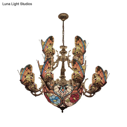 Multi-Colored Tiffany Butterfly Chandelier for Living Room