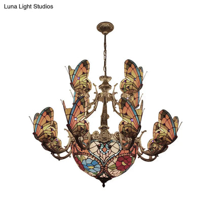 Multi-Colored Tiffany Butterfly Chandelier for Living Room