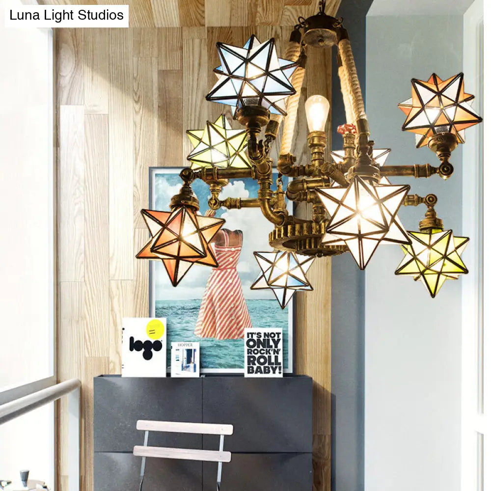 Multi-Light Tiffany Hanging Chandelier with Colorful Glass Stars and Pipes for Store