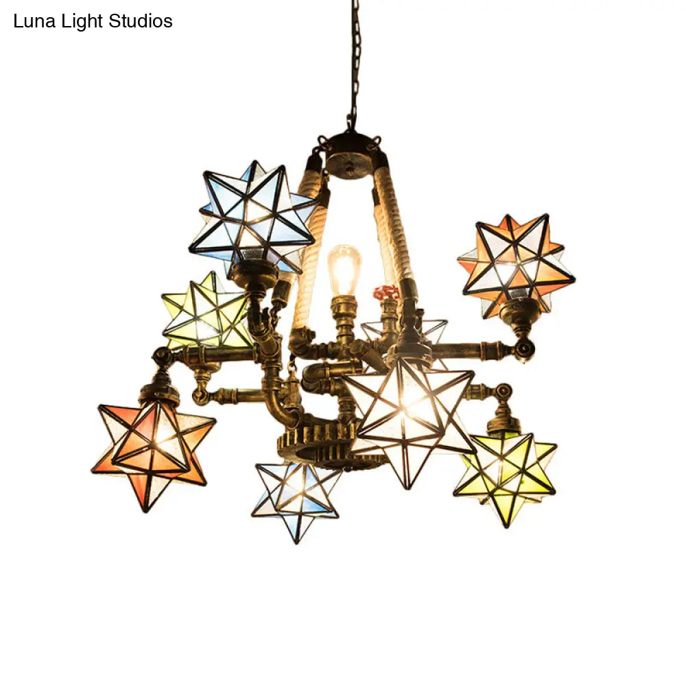 Multi-Light Tiffany Hanging Chandelier with Colorful Glass Stars and Pipes for Store