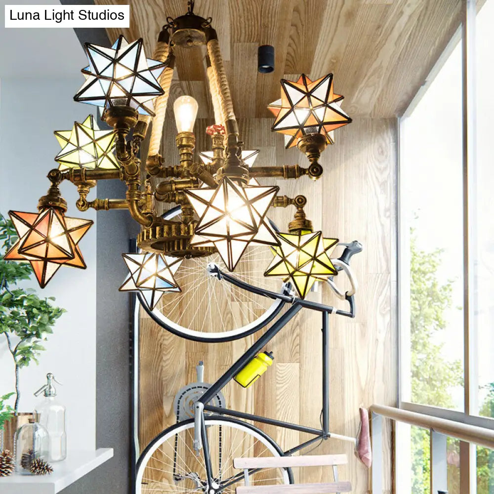Multi-Light Tiffany Hanging Chandelier with Colorful Glass Stars and Pipes for Store