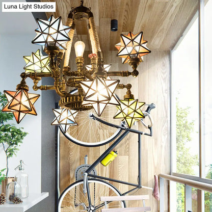 Multi-Light Tiffany Hanging Chandelier with Colorful Glass Stars and Pipes for Store