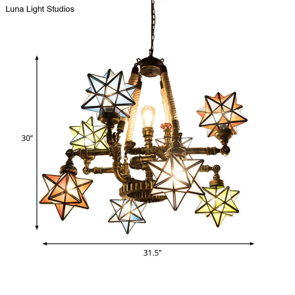 Multi-Light Tiffany Hanging Chandelier with Colorful Glass Stars and Pipes for Store