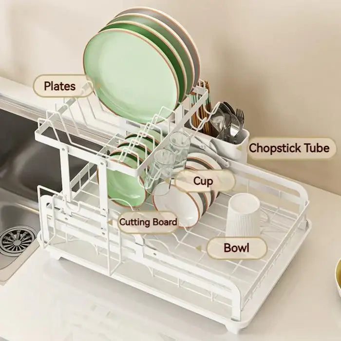 White two-tier wire mesh dish rack serving as a decorbites kitchen bowl rack and utensil holder for organized storage