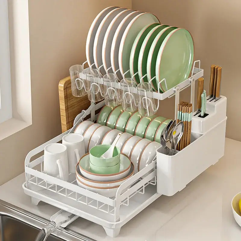 White two-tier metal bowl rack and utensil holder with green and beige ceramic dishes for decorbites kitchen bowl storage
