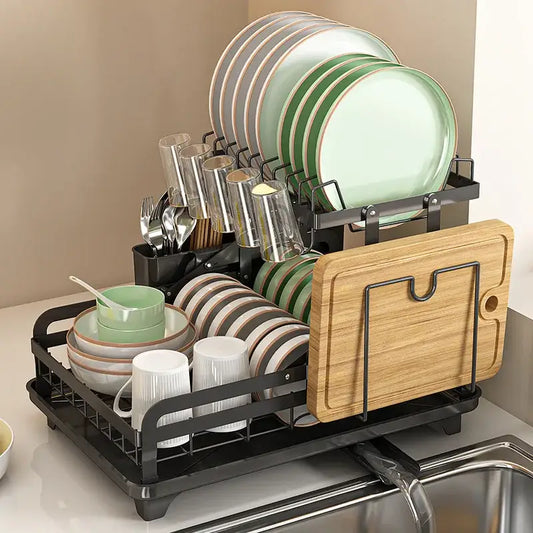 Multi tier black metal bowl rack with wooden cutting board holder and utensil holder decorbites kitchen bowl storage