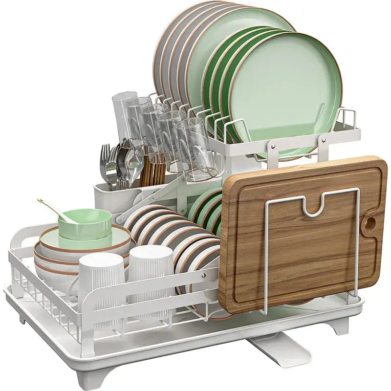 White metal multi tier bowl rack with wooden cutting board holder and green striped plates for decorbites kitchen bowl utensil holder