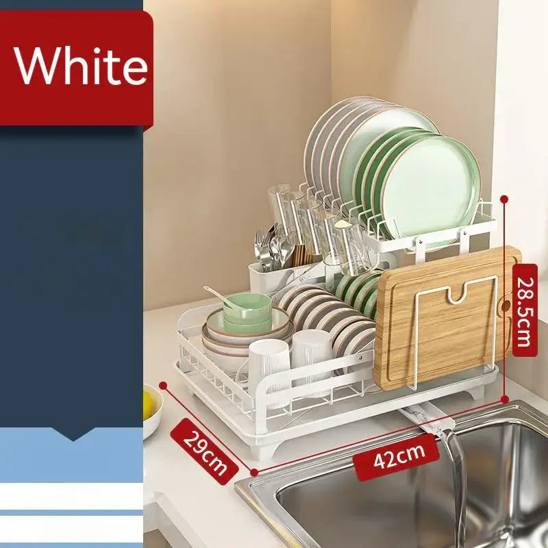 White plastic dish rack with wooden cutting board attachment for decorbites kitchen bowl utensil holder and bowl rack storage