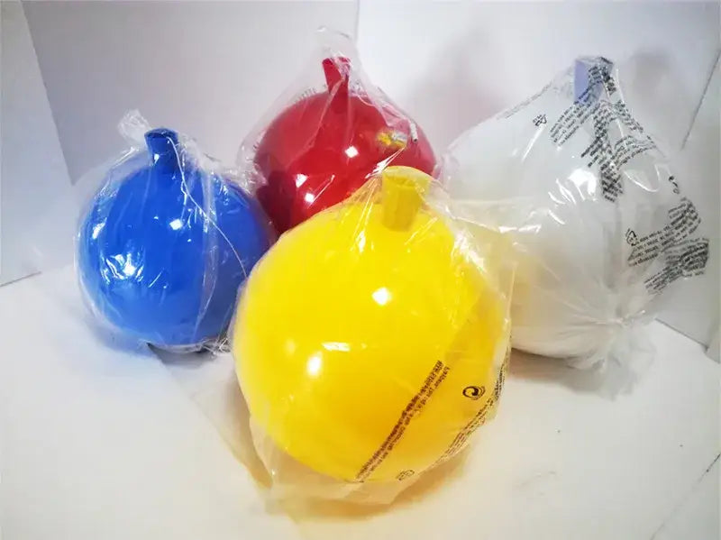 A vibrant yellow inflatable balloon ceiling lamp wrapped in clear plastic with printed text for kids room decor
