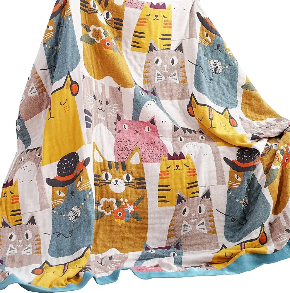 Soft lightweight multicolor boho printed cotton blanket with playful cartoon cat pattern for bedroom decorbites boho printed