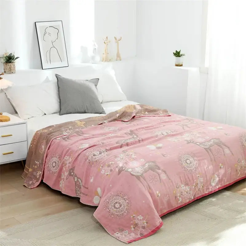 Pink quilted boho printed cotton blanket with deer floral motifs and lace patterns for bedroom decorbites use