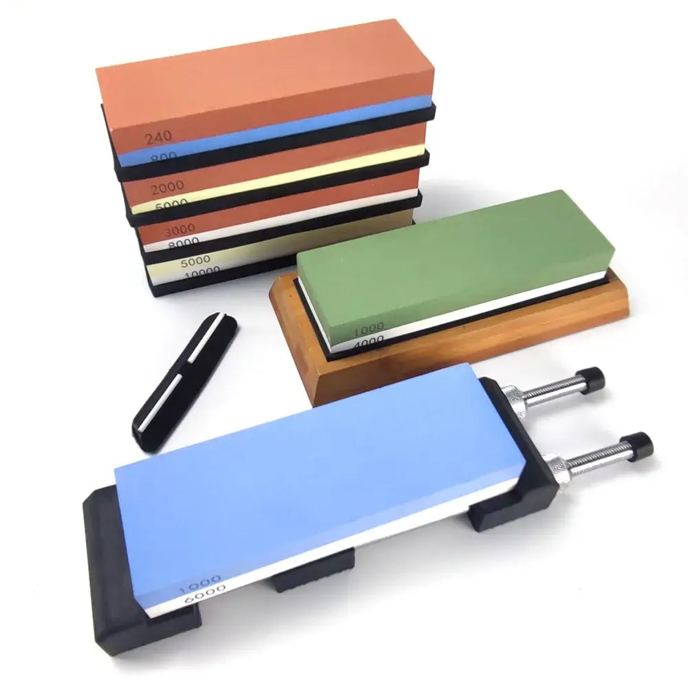 Blue rectangular ceramic knife sharpener whetstone mounted on black stand from decorbites knife sharpener set