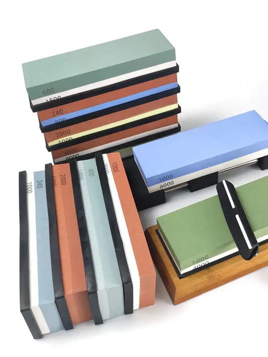 Set of multicolor ceramic knife sharpener whetstone stones with varying grit levels for decorbites knife sharpening