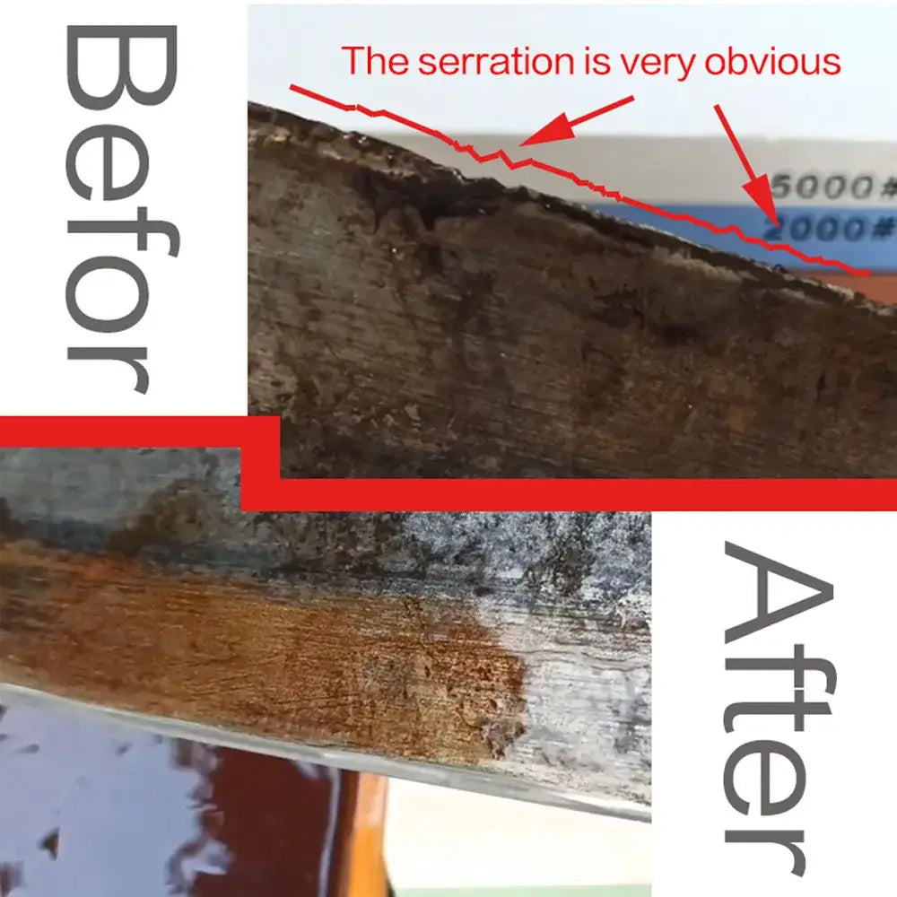 The serrated edge of a dark metal pipe before and after cleaning using multicolor ceramic knife sharpener whetstone decorbites knife sharpener