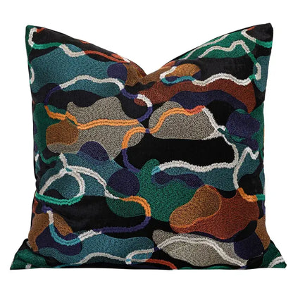 A square black velvet cushion cover with bold multicolor decorbites geometric embroidery abstract design for living room decor