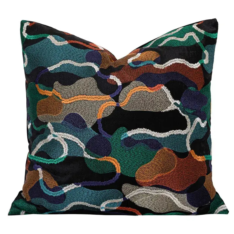 A square black velvet cushion cover with bold multicolor decorbites geometric embroidery abstract design for living room decor