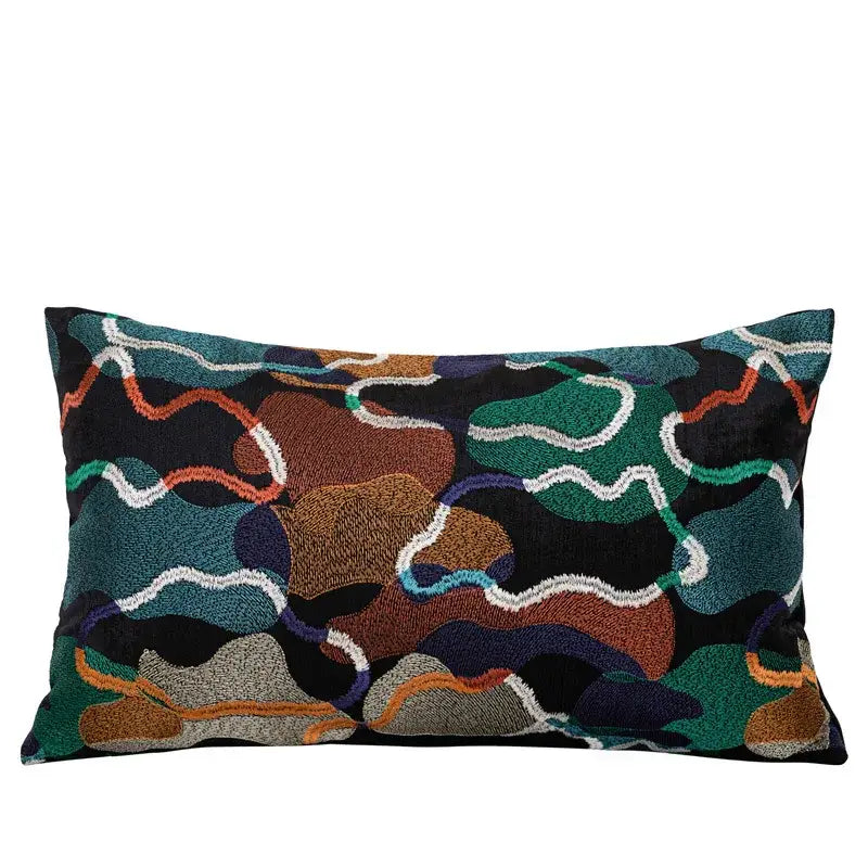 Rectangular cushion cover with multicolor abstract geometric embroidery on black background for living room decorbites decor