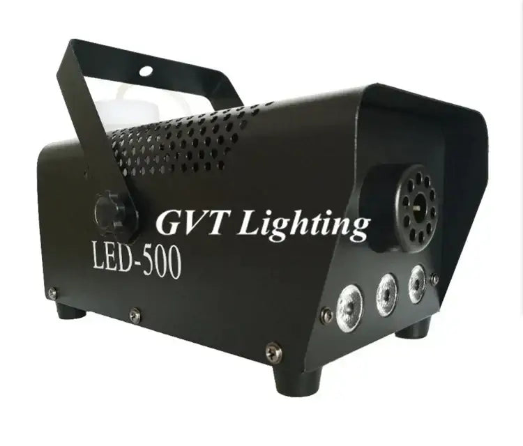 Black gvt lighting led-500 multicolor stage smoke machine with perforated side panel and circular output ports shown from back