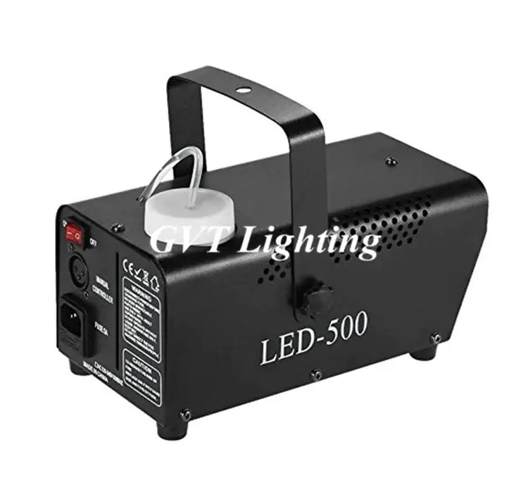 Black led-500 stage smoke machine with white cylindrical tank and handle for portable multicolor led stage smoke use