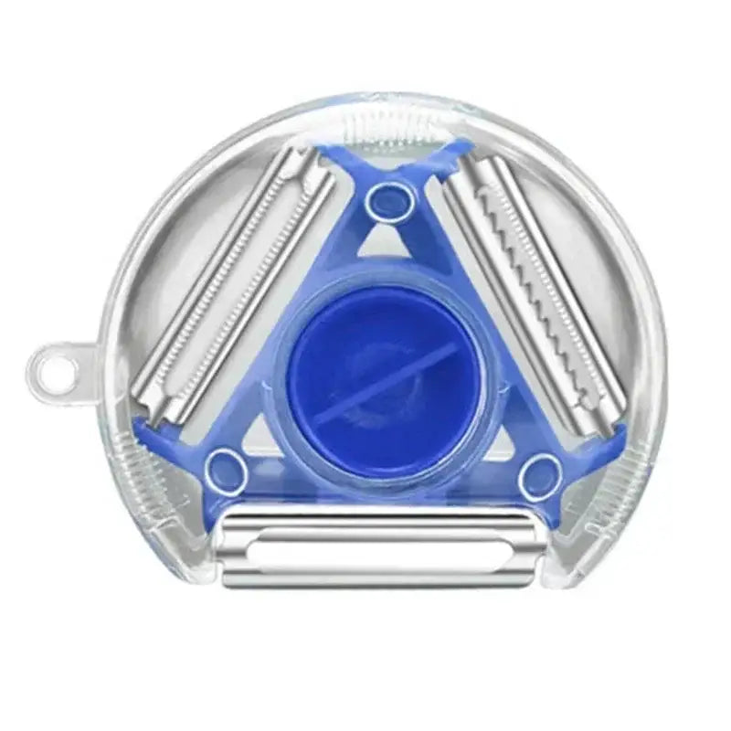 Blue plastic and stainless steel magic peeler trio set in clear circular packaging for kitchen slicing and shredding