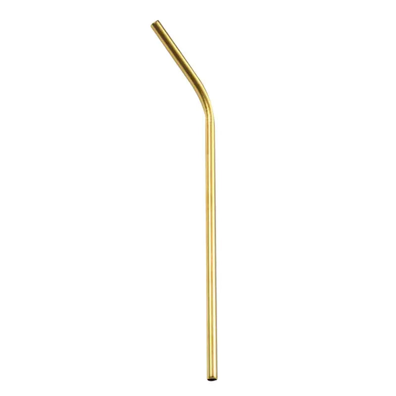 Gold-colored curved stainless steel reusable straw with a sleek minimalist design in multicolor kitchen set