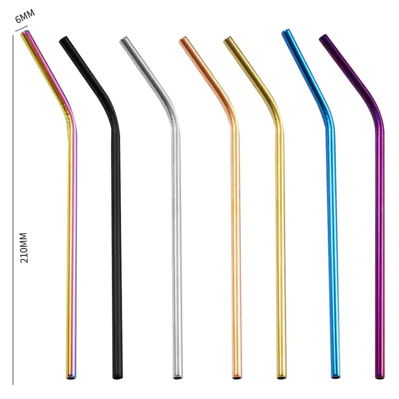 A set of seven multicolor stainless steel reusable straws with curved design for kitchen dining use