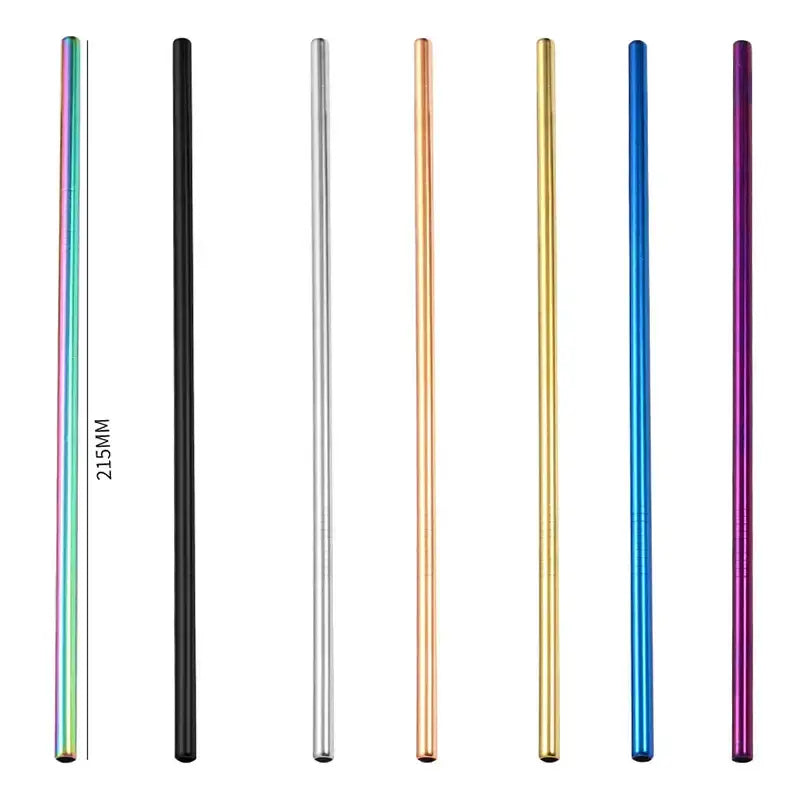 Seven 215mm multicolor stainless steel reusable straws in black silver rose gold yellow blue and purple for kitchen use