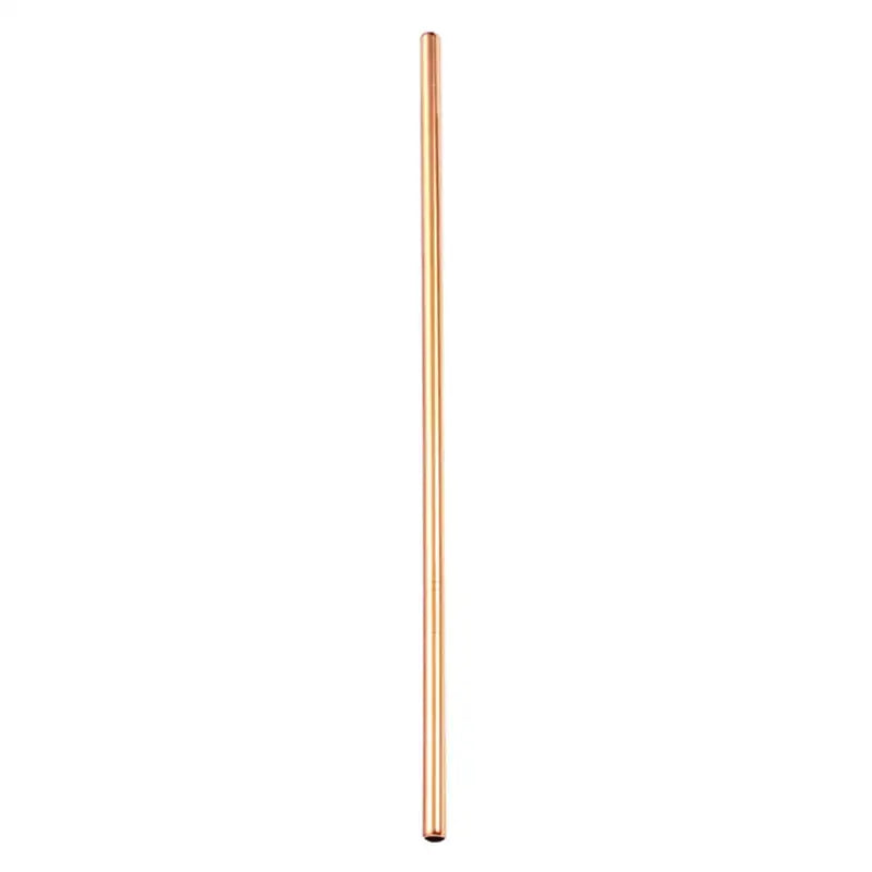 A sleek rose gold stainless steel reusable straw with a smooth cylindrical design from a multicolor steel reusable straws set