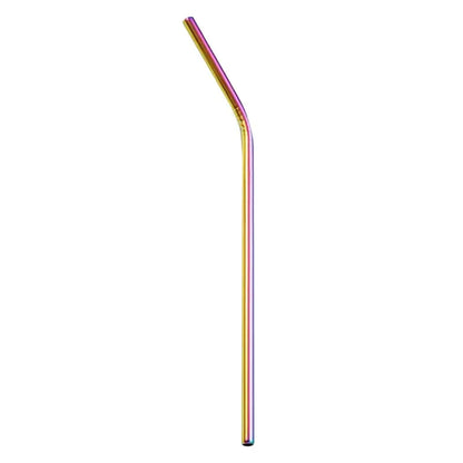 A sleek curved stainless steel reusable straw with a vibrant rainbow finish from a multicolor kitchen dining set
