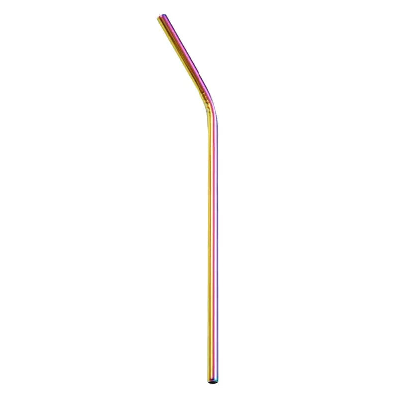 A sleek curved stainless steel reusable straw with a vibrant rainbow finish from a multicolor kitchen dining set