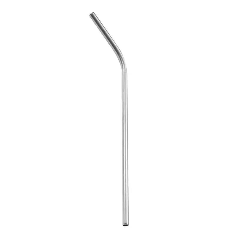 A sleek curved stainless steel reusable straw with a polished metallic finish from a multicolor dining set