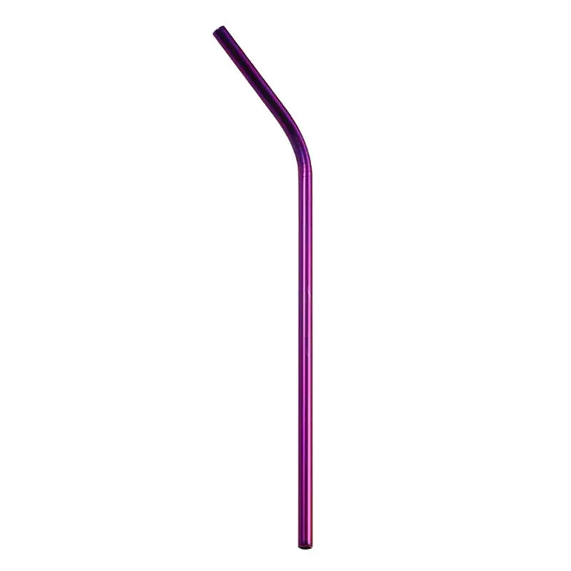 A sleek curved purple stainless steel reusable straw with a glossy finish from multicolor steel reusable straws set
