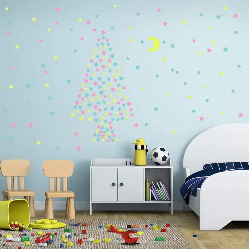 Colorful star-patterned multicolor stars glow dark wall stickers with crescent moon for bedroom luminous decor on light blue walls