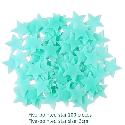 A set of 100 translucent teal five-pointed stars glow dark wall stickers for luminous bedroom decor measuring 3cm each