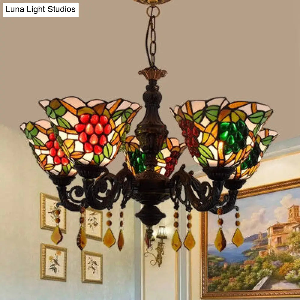 Multicolored Bell Inverted Chandelier Tiffany Stained Glass 5-Light Grapes Hanging Light with Crystal accents (Black/White)