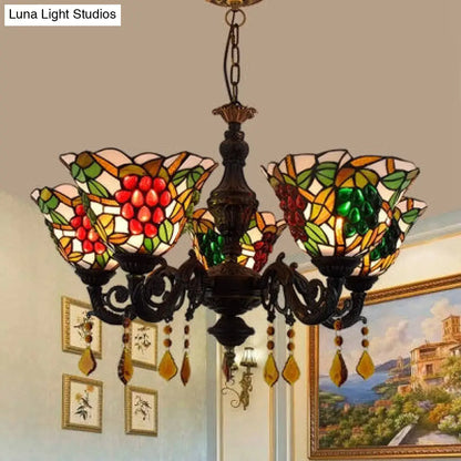 Multicolored Bell Inverted Chandelier Tiffany Stained Glass 5-Light Grapes Hanging Light with Crystal accents (Black/White)