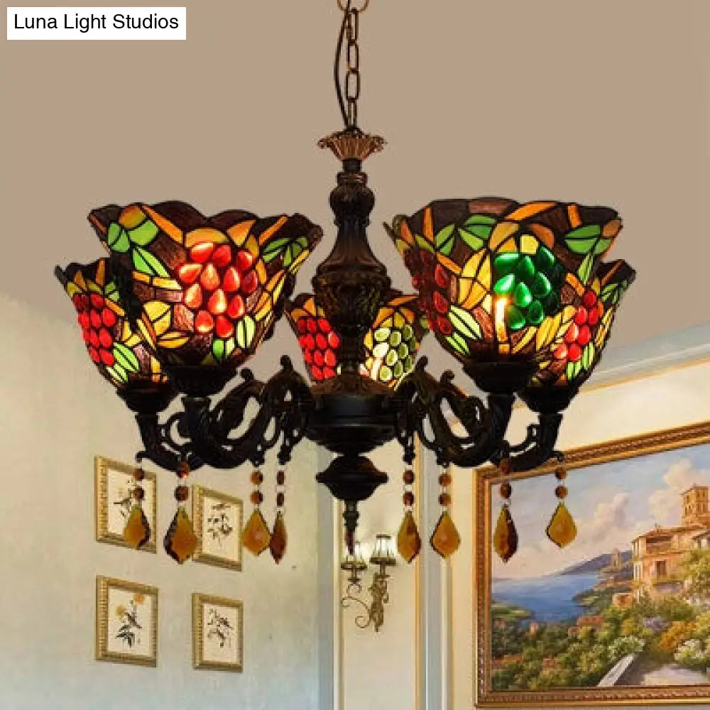 Multicolored Bell Inverted Chandelier Tiffany Stained Glass 5-Light Grapes Hanging Light with Crystal accents (Black/White)